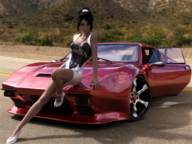 Обои картинки фото 3д графика, люди-авто, мото , people- car ,  moto, автомобиль, девушка, фон, взгляд