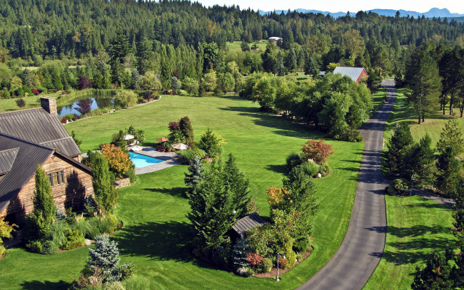 Обои картинки фото города, - пейзажи, бассейн, деревья, дорога, дом, озеро