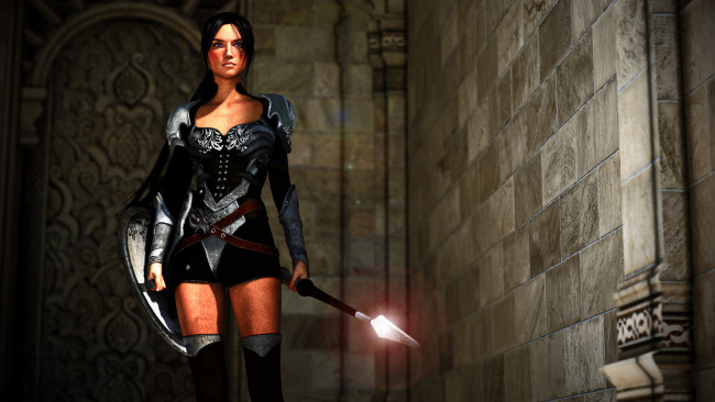 Обои картинки фото 3д графика, амазонки , amazon, фон, девушка, щит, копье, взгляд