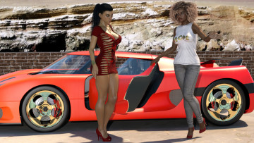 Картинка 3д+графика люди-авто мото+ people-+car+ +moto девушки фон взгляд