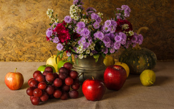 Картинка еда натюрморт vegetable still life flowers grapes fruit груши овощи фрукты тыква виноград букет яблоки цветы