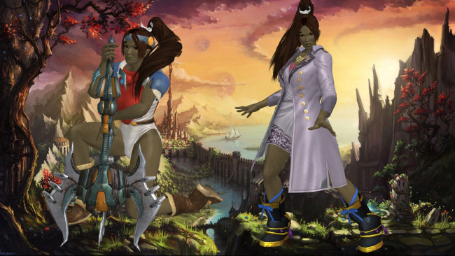 Обои картинки фото 3д графика, фантазия , fantasy, девушки, взгляд, фон