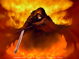 обоя календари, фэнтези, пламя, огонь, меч, оружие, капюшон, существо, 2019, calendar
