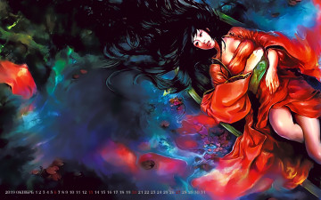 Картинка календари фэнтези девушка азиатка 2019 красный calendar