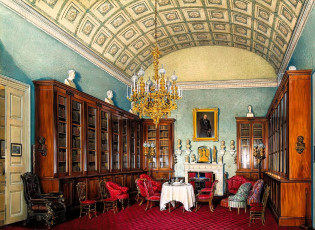 обоя рисованное, эдуард гау, дворец, интерьер, комната, свод, лепнина, люстра, стулья, столы, ковер, кресла, картины, шкафы