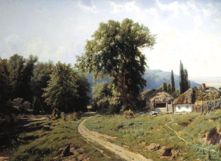 обоя рисованное, константин крыжицкий, деревья, река, дорога, дома, горы