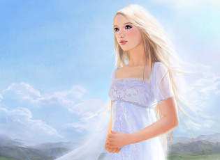 обоя рисованное, люди, девушка, платье, облака, горы