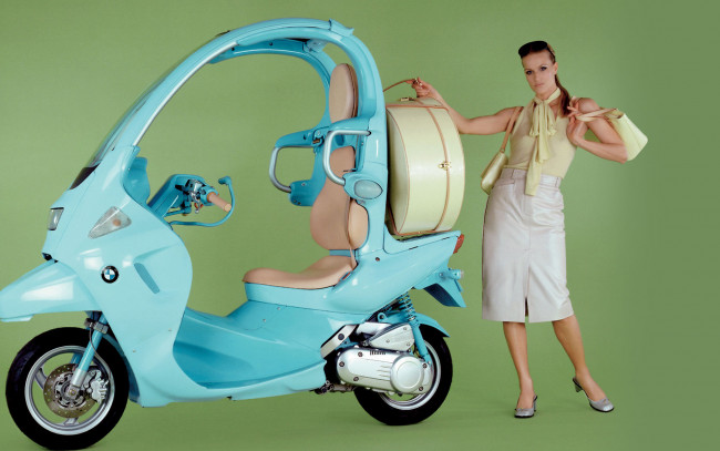 Обои картинки фото мотоциклы, мото, девушкой, девушка, моторолер