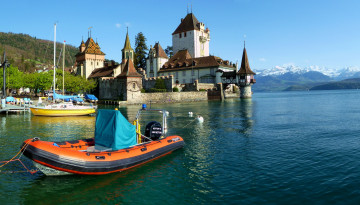 обоя замок, oberhofen, switzerland, города, дворцы, замки, крепости, швейцария, озеро, лодка