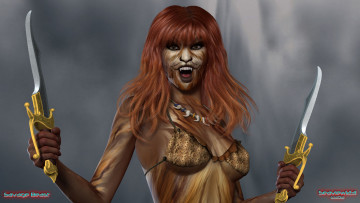 Картинка 3д+графика фантазия+ fantasy кошка оружие взгляд девушка