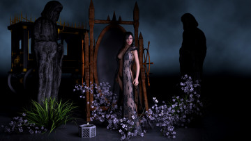 Картинка 3д+графика люди+ people девушка взгляд цветы скульптуры