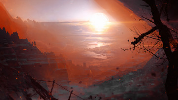 Картинка фэнтези иные+миры +иные+времена свет скалы рассвет горы осень солнце