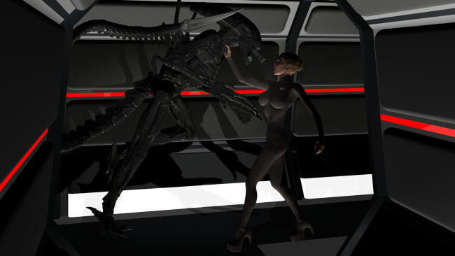 Обои картинки фото 3д графика, фантазия , fantasy, девушка, борьба, существо