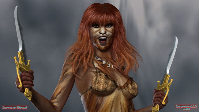 Обои картинки фото 3д графика, фантазия , fantasy, кошка, оружие, взгляд, девушка