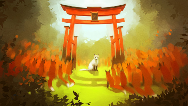 Обои картинки фото рисованное, животные,  лисы, лисицы, лес, деревья, белый, лис, листья