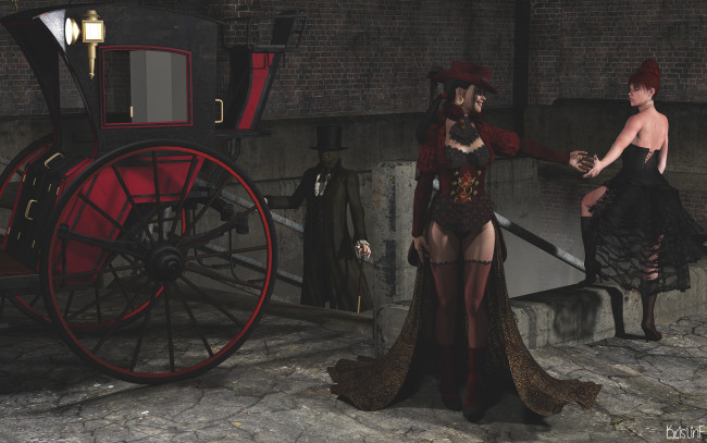 Обои картинки фото 3д графика, фантазия , fantasy, карета, улица, девушки