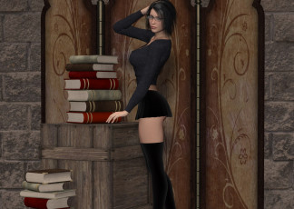 Картинка 3д+графика люди+ people сексуальная очки книги фон взгляд девушка