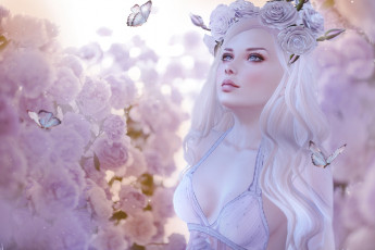 Картинка 3д+графика люди+ people романтика розы венок девушка розовый бабочки