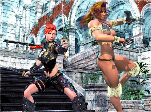 Обои картинки фото 3д графика, фантазия , fantasy, фон, оружие, взгляд, девушки