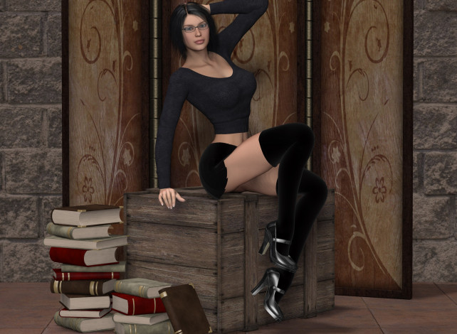 Обои картинки фото 3д графика, люди , people, очки, сексуальная, книги, фон, взгляд, девушка