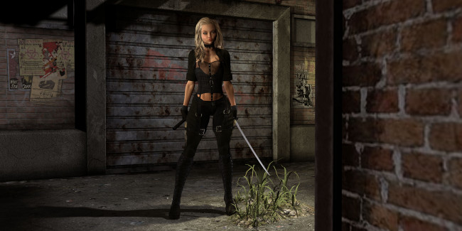 Обои картинки фото 3д графика, фантазия , fantasy, оружие, фон, девушка, взгляд