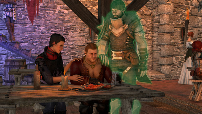 Обои картинки фото 3д графика, фантазия , fantasy, стол, женщина, фон, интерьер, взгляд, мужчина