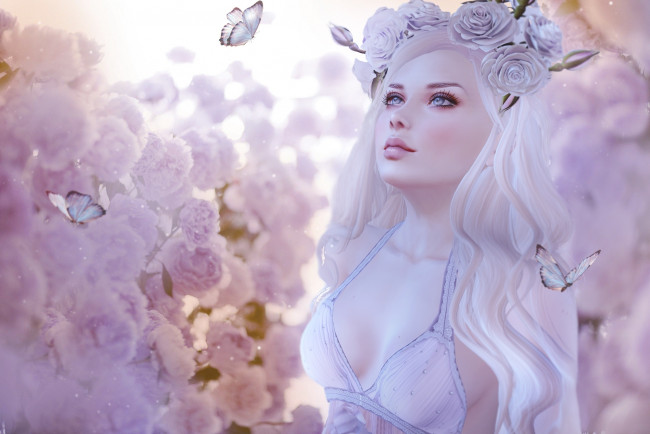 Обои картинки фото 3д графика, люди , people, романтика, розы, венок, девушка, розовый, бабочки