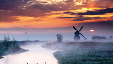 Картинка разное мельницы облака рассвет мельница небо река туман