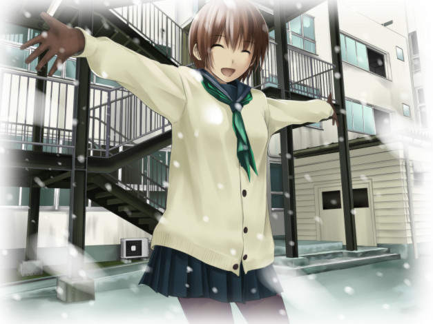 Обои картинки фото аниме, зима,  новый год,  рождество, фон, взгляд, девушка