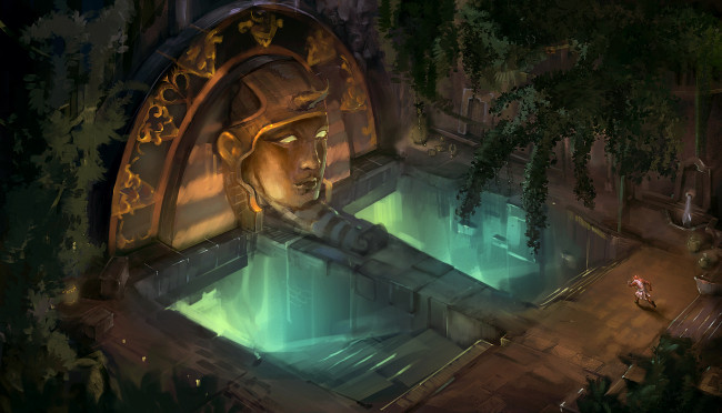 Обои картинки фото фэнтези, иные миры,  иные времена, голова, арт, бег, человек, храм, свечение, ступени, статуя