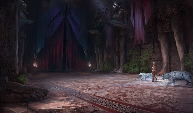 Обои картинки фото фэнтези, иные миры,  иные времена, жрица, тигры, статуя, женщина, зал, дворец, арт