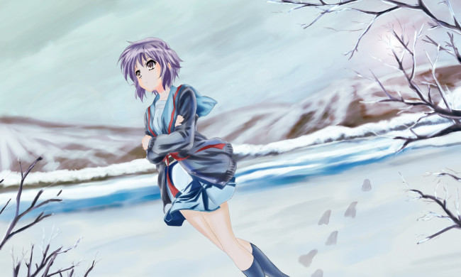 Обои картинки фото аниме, the melancholy of haruhi suzumiya, девушка, взгляд, фон