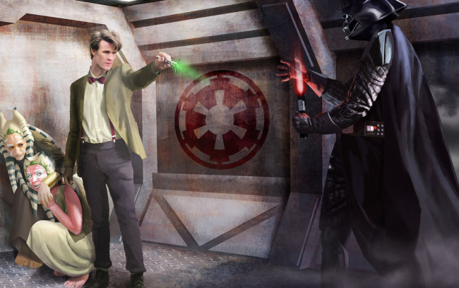 Обои картинки фото фэнтези, _star wars, одиннадцатый, доктор, кроссовер, eleventh, doctor, мэтт, смит, star, wars, световой, меч, дарт, вейдер, who, darth, vader, кто, matt, smith, звёздные, войны, звуковая, отвертка