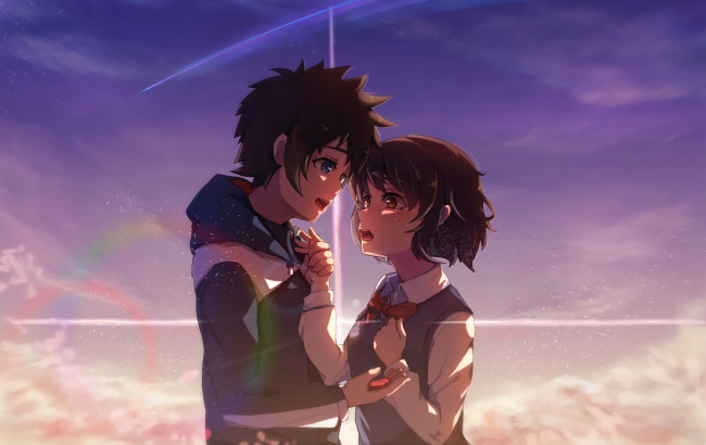 Обои картинки фото аниме, kimi no na wa, взгляд, фон, девушка, парень
