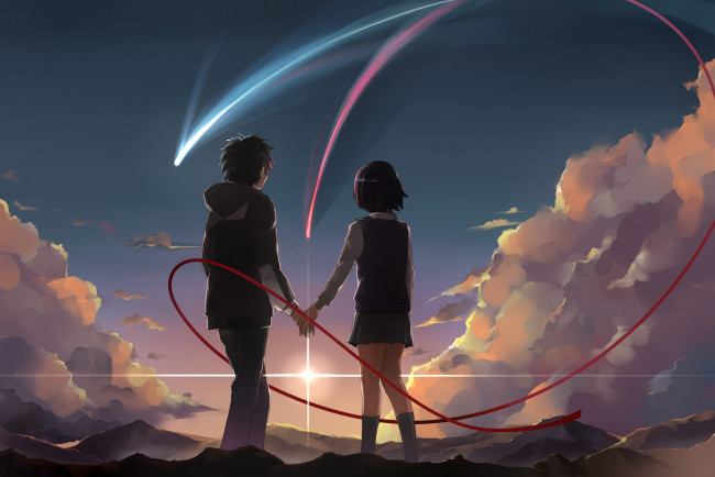 Обои картинки фото аниме, kimi no na wa, парень, девушка, фон, взгляд
