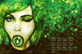 Картинка календари рисованные +векторная+графика 2018 девушка лицо взгляд киви