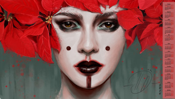 Картинка календари рисованные +векторная+графика 2018 женщина лицо взгляд цветы