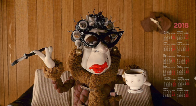 Обои картинки фото календари, кино,  мультфильмы, 2018, женщина, очки, чашка, бигуди, мундштук