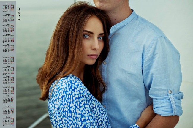 Обои картинки фото календари, девушки, 2018, двое, взгляд, объятие