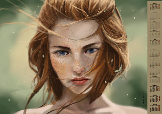 Обои картинки фото календари, рисованные,  векторная графика, веснушки, взгляд, лицо, девушка, 2018