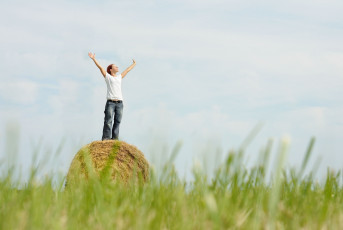 Картинка девушки -unsort+ рыжеволосые+и+другие сено поле трава джинсы футболка