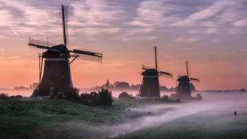 Картинка разное мельницы закат туман