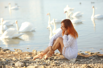 Картинка девушки -+рыжеволосые+и+разноцветные девушка фон лебеди