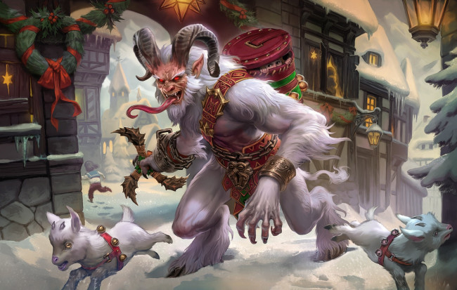 Обои картинки фото smite, видео игры, демон, козлята, монстр, опасность, новый, год, улица, рога, копыта, бег, крампус