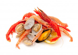 Картинка еда рыбные+блюда +с+морепродуктами креветки мидии лимон