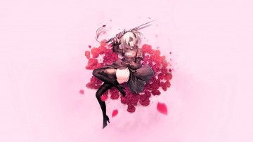 Картинка видео+игры nier +automata 2b девушка киборг меч цветы