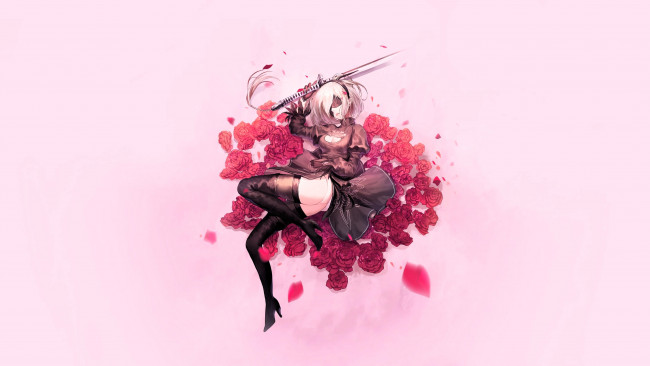 Обои картинки фото видео игры, nier,  automata, 2b, девушка, киборг, меч, цветы