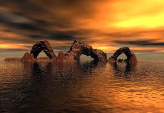 обоя 3д графика, природа , nature, скалы, арки, камни, море, закат