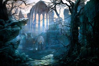 обоя фэнтези, _lord of the rings, развалины, храм, люди, факелы, церемония, деревья