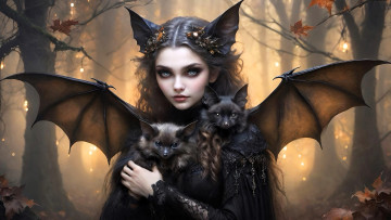 обоя 3д графика, фантазия , fantasy, девушка, ведьма, ушки, летучие, мыши, лес, осень, листья